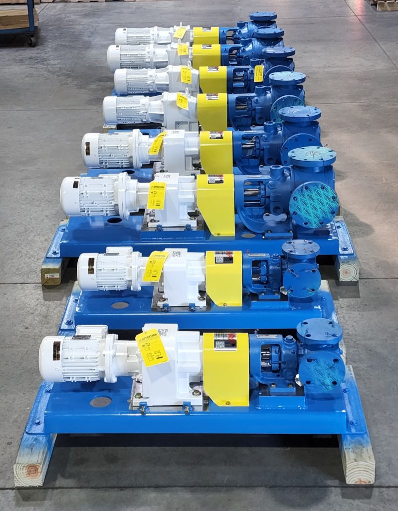 Viking Internal Gear Pumps with O-Pro Barrier Seals and Nord Gearmotors, all Mounted on Custom Steel Bases with Customer-Specified Coupling and Guard