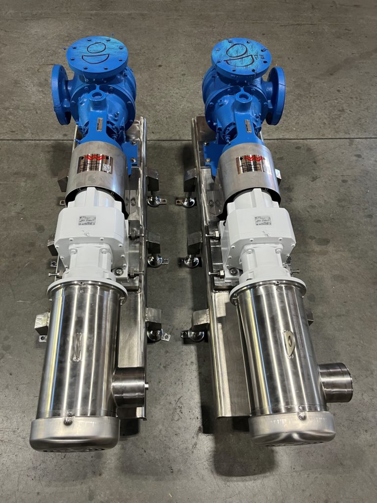 Twin Custom Stainless Steel Hygienic Skids with Viking Pumps, Nordbloc Gear Reducers, and Washdown Motors for a Food Industry Customer