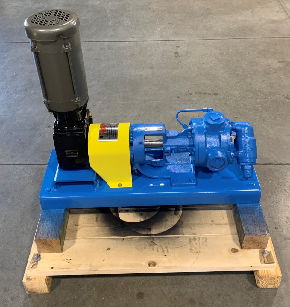 Viking Internal Gear Pump with Right Angle Nord Gear Reducer, Vertically Mounted Explosion Proof Baldor Motor, and Base, Coupling and Guard